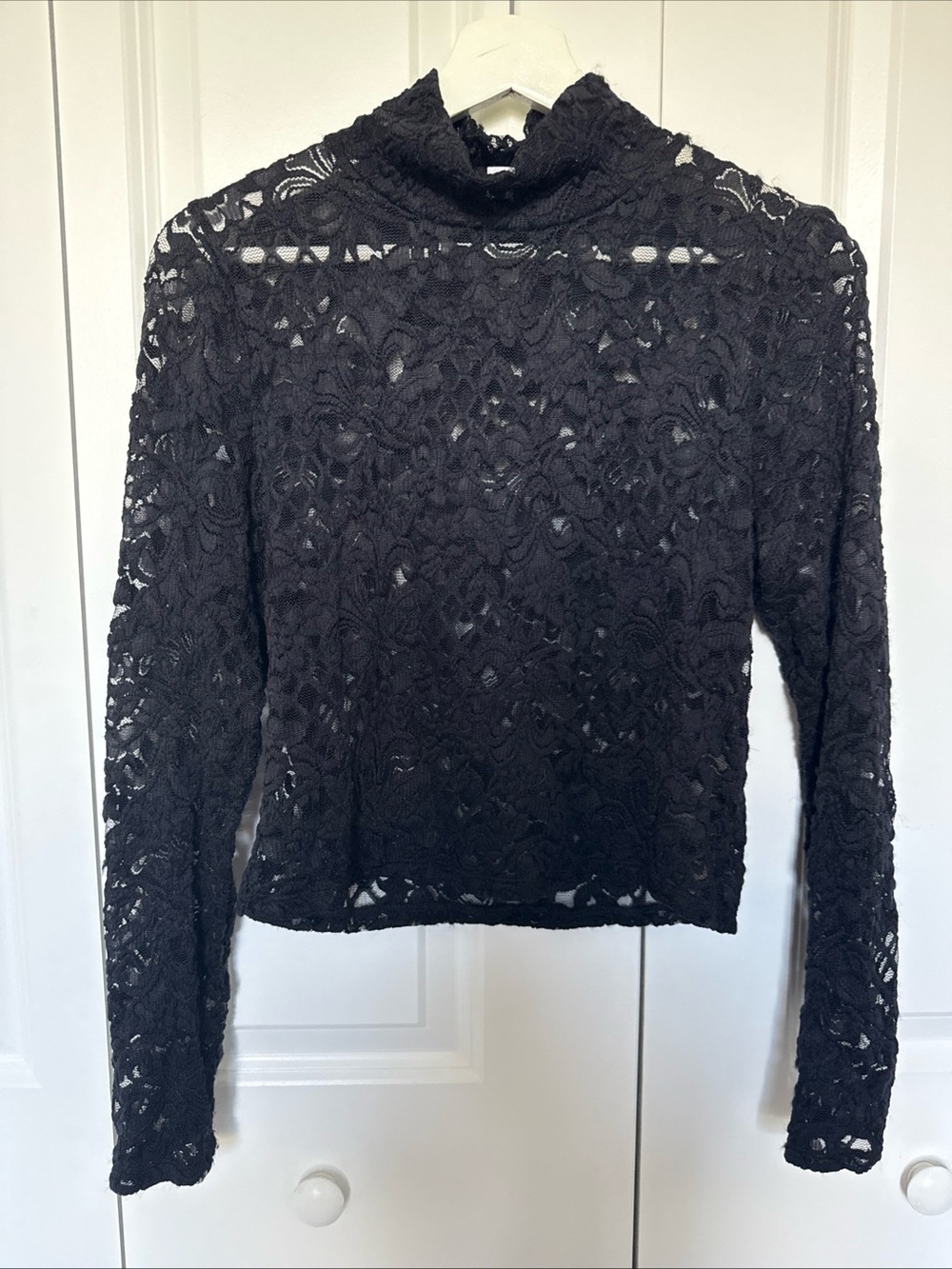 Bar III Black Lace Sheer Turtleneck Longsleeve Top Floral Fitted Stretchy Soft S